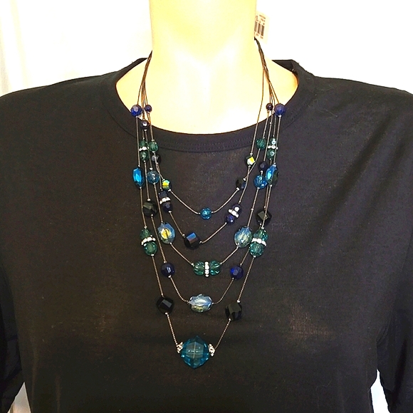 Multi-strand black, blue necklace, New - Picture 1 of 10